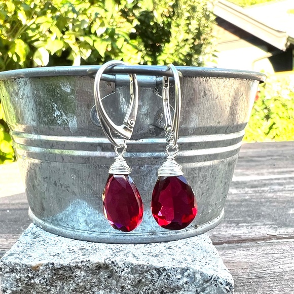 Szendrei Jewelry - Sterling Silver Ruby Earrings Wire Wrapped , July Birthstone , 40th Anniversary